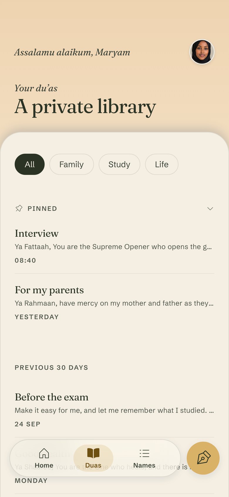 Your duas in the app: a private library, with folders and pinned duas